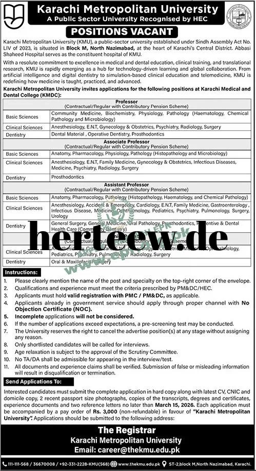 Karachi Metropolitan University Jobs 2026