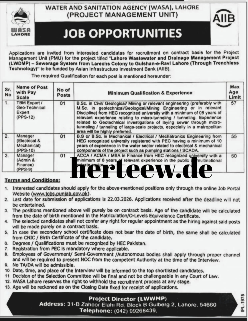 WASA Lahore PMU Jobs 2026